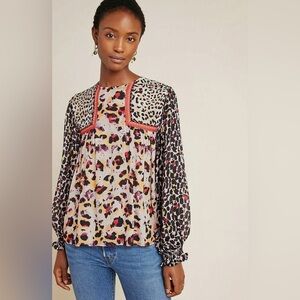 Bl^nk London Joelle Leopard Peasant Blouse Size S